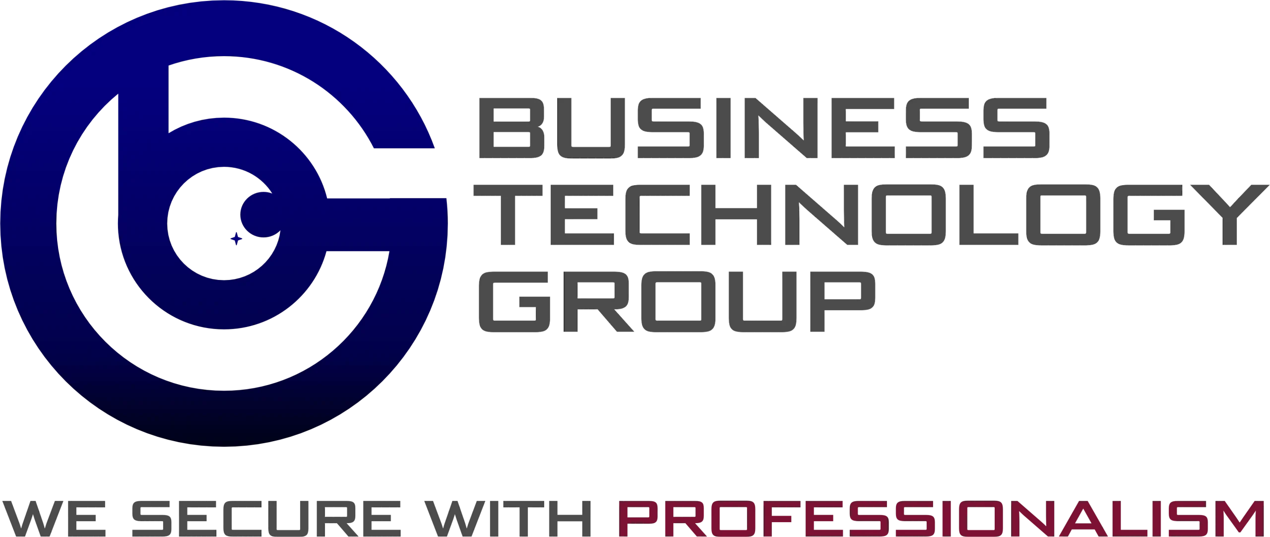 Logo of Business Technology Group featuring a stylized “BTG” emblem and the slogan “We Secure with Professionalism.”